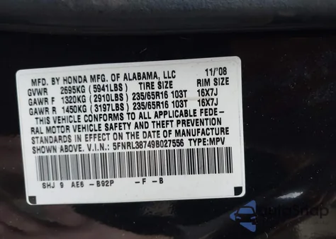 2009 Honda Odyssey Ex-L z USA, uszkodzony, nr VIN 5FNRL38749B027556